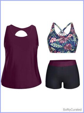 Women Plus Size 3 Piece Tankini Swimsuits Athletic Bathing Suits with Shorts